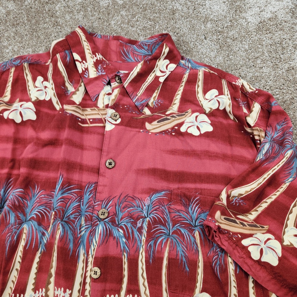 Kahala John Severson‎ Mens XXL Red Rayon Hawaiian Shirt Palm Tree Canoe Tropical
